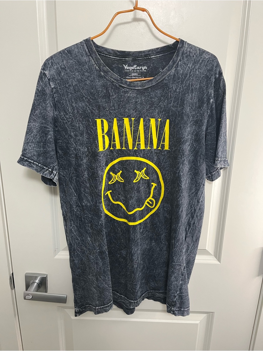 Vegetaryn Men's Black Mineral Wash 'Banana' Graphic Tee - Yellow Print in size S